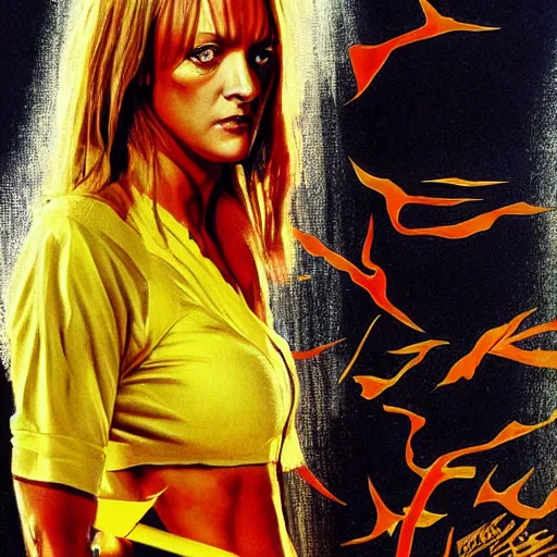 Image similar to Uma Thurman in Kill Bill (2003), full body portrait by Mad Dog Jones and Karol Bak