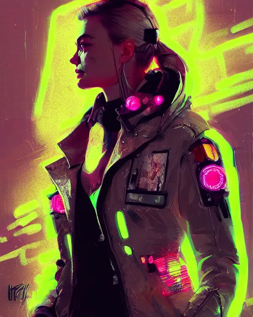 Image similar to detailed margot robbie portrait neon operator girl cyberpunk futuristic neon reflective puffy coat, decorated with traditional japanese ornaments by ismail inceoglu dragan bibin hans thoma greg rutkowski alexandros pyromallis nekro rene margitte illustrated perfect face, fine details, realistic shaded, fine - face, pretty face