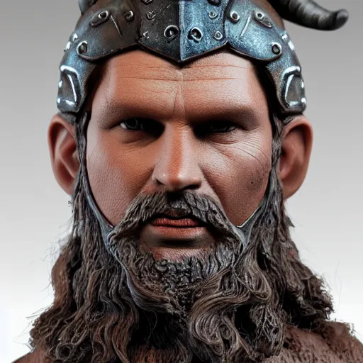 Image similar to of a 3d clay model of a viking from valhalla, wearing the horned helmet ultra fine detail, hair strands, ultra high resolution, fine texture detail, miniature painting techniques, perfect proportions, marvel cinematic universe, eric bana