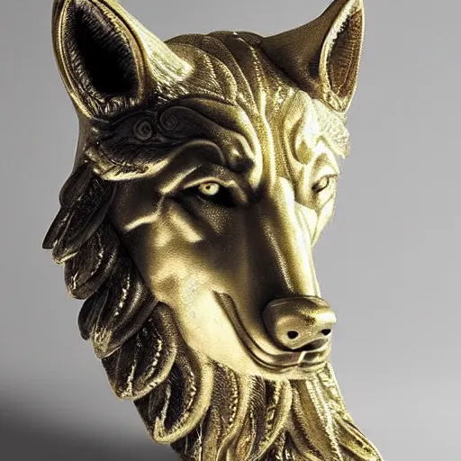 Image similar to a white marble statue of a wolf's head with gold filigree