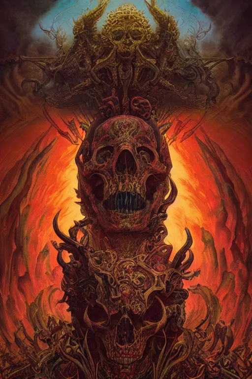 Image similar to gigantic psychedelic demonic skull lord of death and fire, fantasy painting, ultra realistic, wide angle, art nouveau, intricate details, rainbowshift, vivid colors, highly detailed by peter mohrbacher, h. r. giger, maxfield parrish, gaston bussiere, gustave dore, beksinski, craig mullins, octane render, cgi