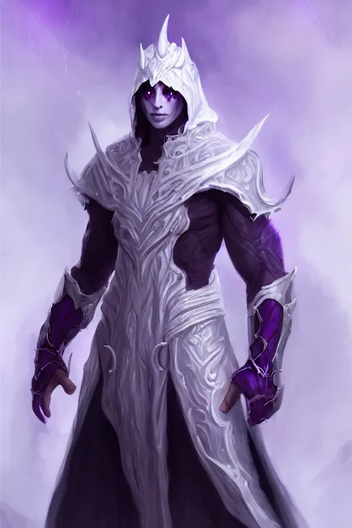Prompt: human male demon, full body white purple cloak, warlock, character concept art, costume design, black eyes, white horns, trending on artstation, Artgerm , WLOP