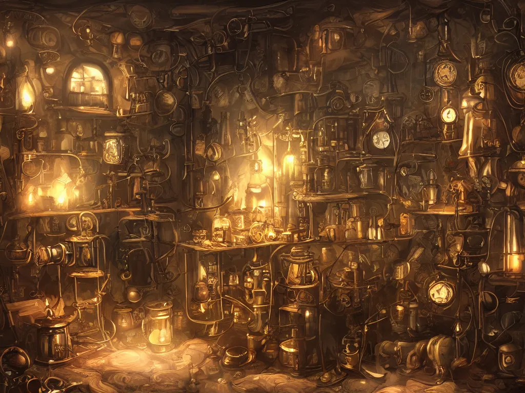 Prompt: small and cozy steampunk alchemy lab, beautiful digital art, atmospheric and highly detailed, trending on artstation