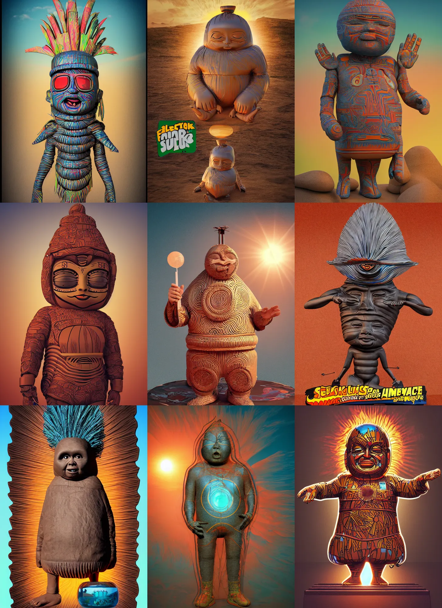 Prompt: a funny diagram poster artwork, garbage pail kids style, of a futuristic selk'nam, interacting with the soul of the sun, aboriginal capirote, sculpture, plasticine, irisdicense, houdini algorithmic generative render, sharp focus, dinamic composition, octane render 8 k