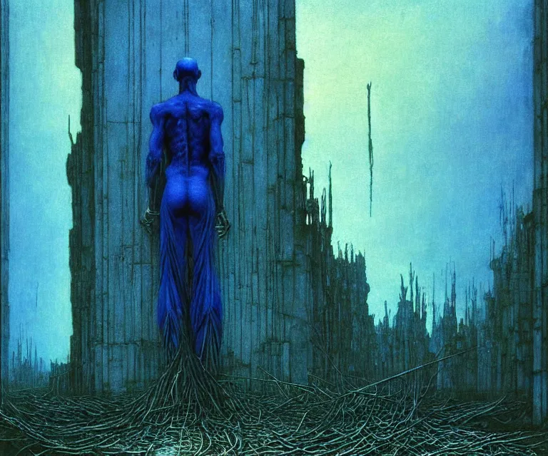 Image similar to tall man consisting of blue translucent shiny material and sparse metallic stripes, standing in ruins in the evening. extremely high details, realistic, fantasy art, solo, masterpiece, art by zdzislaw beksinski, arthur rackham, dariusz zawadzki