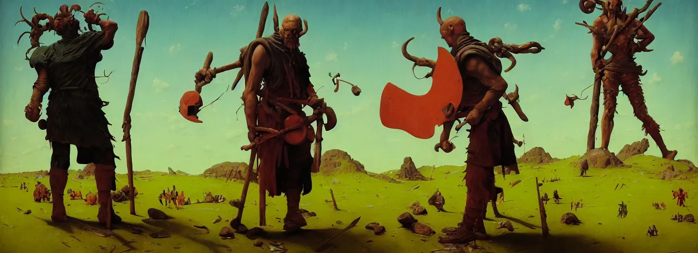 Image similar to full - body portrait surreal colorful clay fighting artstation rpg barbarian character concept art anatomy, action pose, very coherent and colorful high contrast masterpiece by norman rockwell franz sedlacek hieronymus bosch dean ellis simon stalenhag rene magritte gediminas pranckevicius, dark shadows, sunny day, hard lighting, reference sheet white! background
