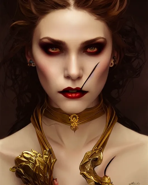 Image similar to female vampire, perfect face, gold corset, cinematic, stunning, highly detailed, digital painting, artstation, smooth, hard focus, illustration, art by artgerm and greg rutkowski and alphonse mucha