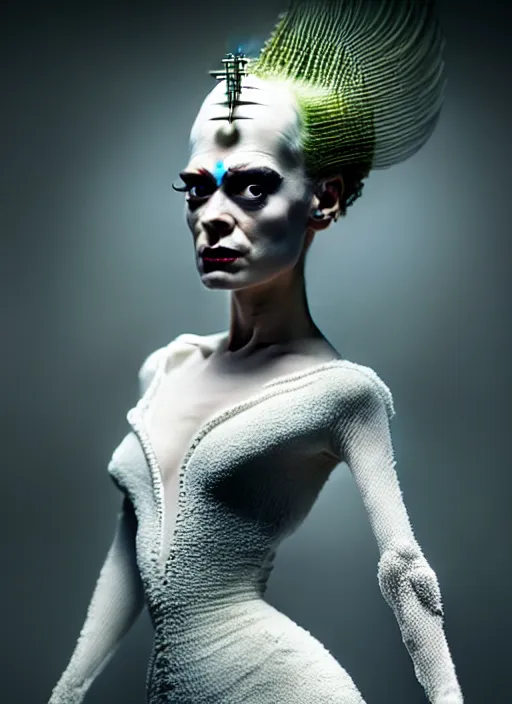 Prompt: portrait of beautiful gentle futuristic bride of frankenstein from the movie bride of frankenstein, kintsugi, modern fine art, fractal, intricate, elegant, highly detailed, digital photography, subsurface scattering, by jheronimus bosch and greg rutkowski, still from the movie ex machina, smooth healthy skin, high key lighting