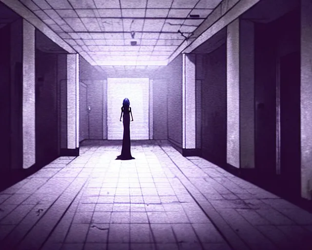 Image similar to creepy woman wearing white dress standing in the backrooms, psychological horror, the eerie forlorn atmosphere of a place that's usually bustling with people but is now abandoned and quiet, buzzing fluorescent lights above the ceiling, unsettling images, liminal space, dark, art by makoto shinkai