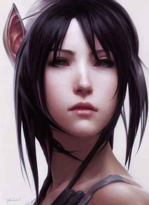 Prompt: portrait of tifa lockhart, final fantasy, cinematic lighting, intricate, elegant, highly detailed, digital painting, artstation, smooth, sharp focus, illustration, art by yoshitaka amano, artgerm and greg rutkowski and alphonse mucha and william - adolphe bouguereau