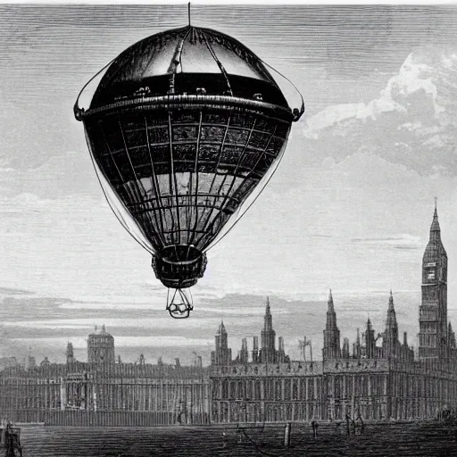 Prompt: a photograph of a steampunk dirigible floating above london in the 1 8 6 0