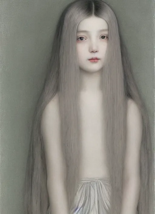 Prompt: thin young wan beautiful angel, silver hair so long, pale!, long silver hair, silver angel wings, smooth skin, wan adorable korean face, silver hair!!, style of fernand khnopff and lucien levy - dhurmer, oil on canvas, 1 8 6 2, 4 k resolution, aesthetic! beautiful!,