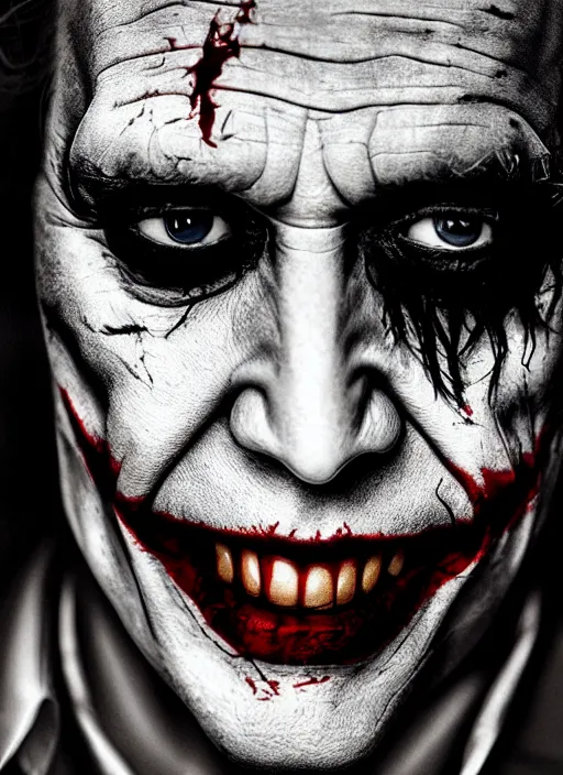 Prompt: photo of Johnny Depp as the Joker by Lee Jeffries , big smile, head shot, detailed, award winning, Sony a7R