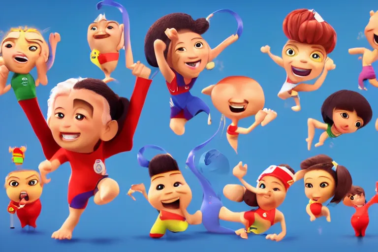 Image similar to olympic icons as cute 3 d characters, chibi, pixar, octane render