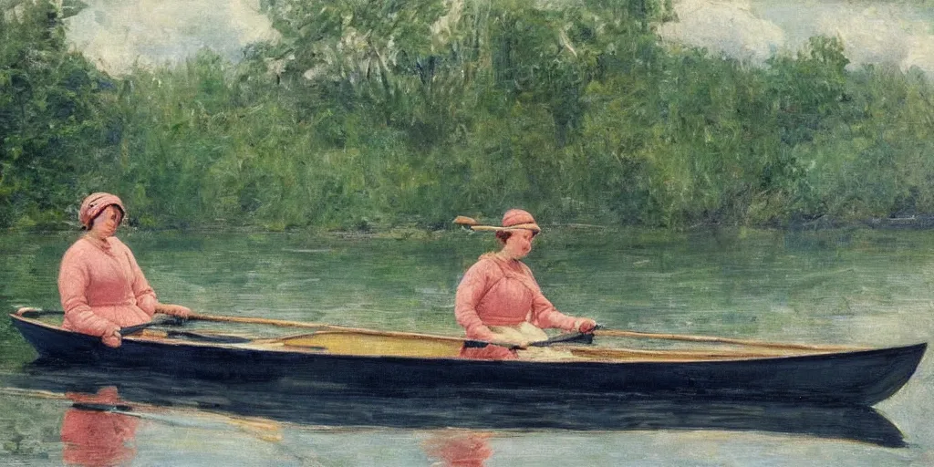 Prompt: a woman in a rowboat on a small calm lake, in the style of fanny brate