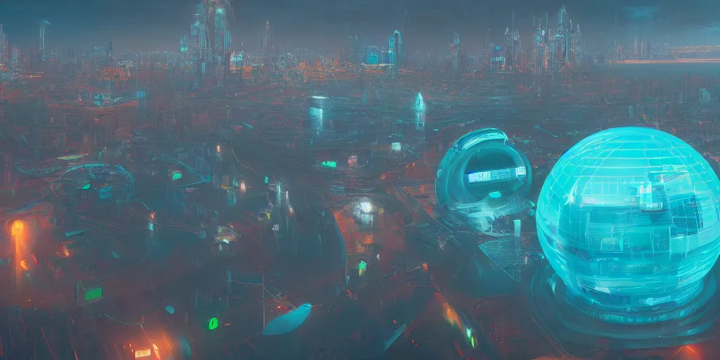 Prompt: translucent azure glass dome containing skyscraper city within as seen over the ocean waves, Stalenhag style, cyberpunk, soft light, neon lights, 8k, high detail