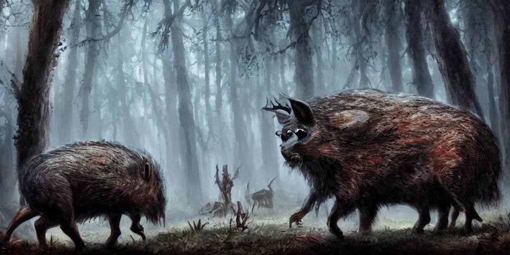 Prompt: giant wild boar with bloody eyes and many tusks, in dark woods, dim colors, forest, highly detailed illustration, masterpiece, fantasy, magical, hyperdetailed, realistic, witch fairytale, 4 k, 8 k, highly detailed matte painting, dungeons and dragons