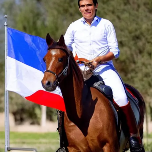 Prompt: pedro sanchez riding a horse with the Spanish flag