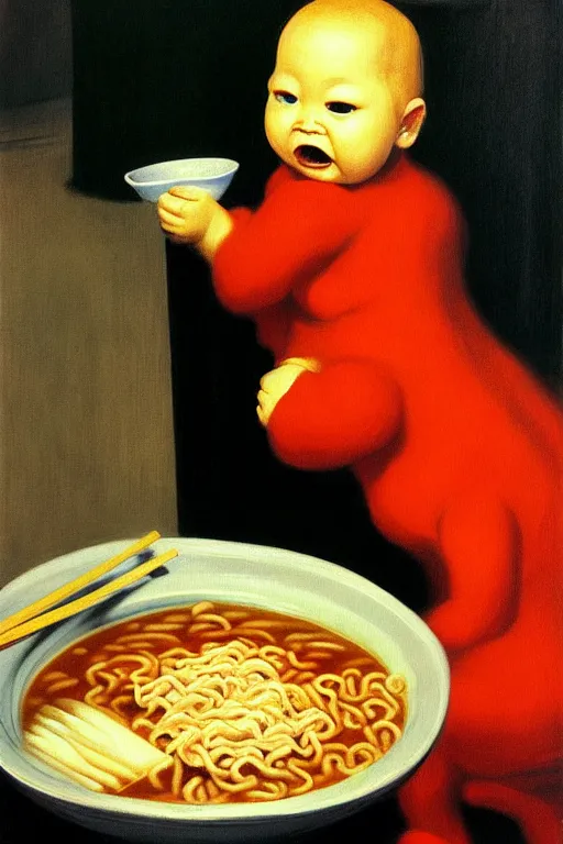 Image similar to evil human giant baby eating a huge bowl of ramen in new york city, traditional chinese restaurant, hauntingly surreal, highly detailed painting by francis bacon, edward hopper, adrian ghenie, gerhard richter, and james jean soft light 4 k,