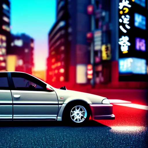 Image similar to a car parked JZX100 at side of road, Shibuya prefecture, city sunset, cinematic color, photorealistic, highly detailed, bokeh, DOF, octane render