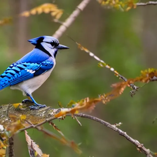 Prompt: blue jay in autumnal forest by river