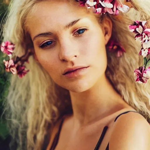 Image similar to vintage photograph of an olive skinned blonde female model in her twenties, her hair pinned up with flowers, wearing a designer top, looking content, focused on her neck, photo realistic, extreme detail skin, natural beauty, no filter, slr, golden hour, 8 k, high definition, selfie