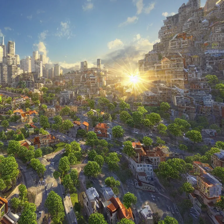 Image similar to a beautiful eco-city center full of skybridges and terraces, sunbeams, golden hour, detailed, realism, 8k high resolution