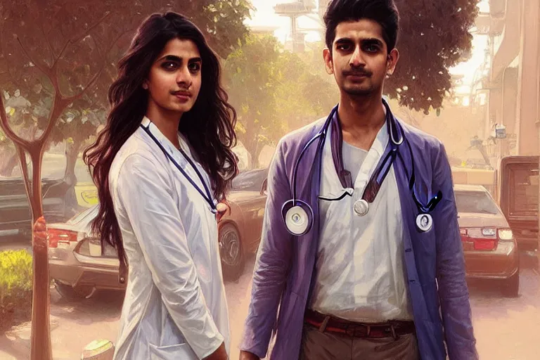 Image similar to Anxious good looking pale young Indian doctors wearing American clothes outside a hospital, portrait, elegant, intricate, digital painting, artstation, concept art, smooth, sharp focus, illustration, art by artgerm and greg rutkowski and alphonse mucha