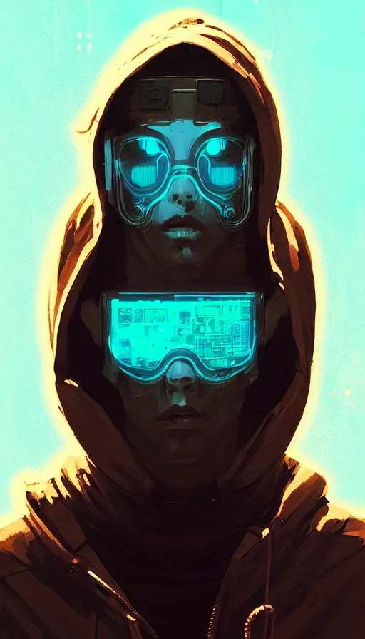 Image similar to cyberpunk synth, hyper - realistic portrait of a man in a hoodie, cyberpunk, by atey ghailan, by greg rutkowski, by greg tocchini, by james gilleard, by joe fenton, by kaethe butcher, dynamic lighting, gradient light blue, brown, blonde cream and white color scheme, grunge aesthetic