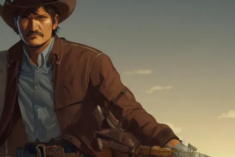 Image similar to old pedro pascal as a cowboy, single subject, scenic full shot, ambient lighting, detailed face, by makoto shinkai, stanley artgerm lau, wlop, rossdraws