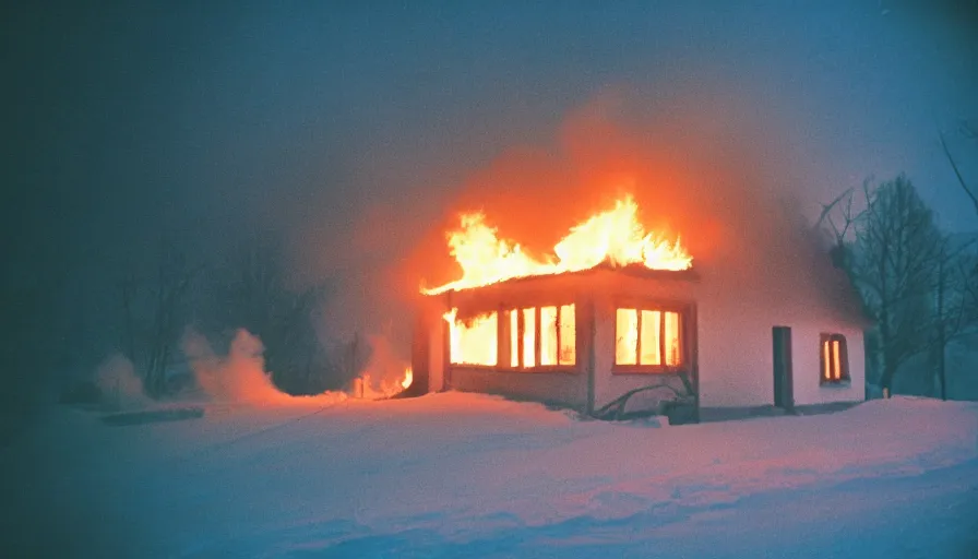 Image similar to 1 9 7 0 s movie still of a burning french style little house in a small northern french village by night in winter, cinestill 8 0 0 t 3 5 mm, heavy grain, high quality, high detail, dramatic light, anamorphic, flares