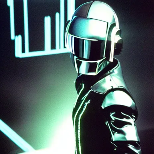 Image similar to “behind the scenes still of Daft Punk guest appearance in Tron (1985). Award winning Photo.”