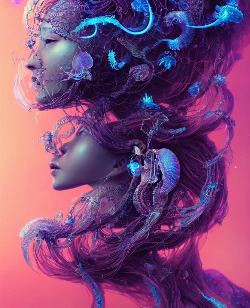 Image similar to goddess princess beautiful woman face close-up portrait ram skull. jellyfish phoenix head, nautilus, orchid, skull, betta fish, bioluminiscent creatures, intricate artwork by Tooth Wu and wlop and beeple. octane render, trending on artstation, greg rutkowski very coherent symmetrical artwork. cinematic, hyper realism, high detail, octane render, 8k