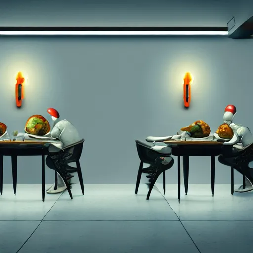 Image similar to three large kuka industrial robot arms having dinner inside a fine dining restaurant, mid - century modern furniture and decor, global illumination, artstation, fantasy