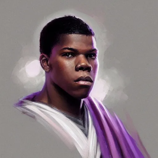 Image similar to portrait of a man by greg rutkowski, young jedi kinght that looks like john boyega, wearing purple and black robes, star wars expanded universe, he is about 3 0 years old, highly detailed portrait, digital painting, artstation, concept art, smooth, sharp foccus ilustration, artstation hq