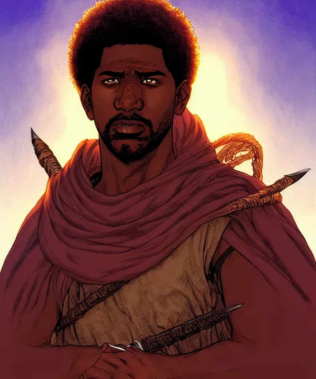 Prompt: a ( fantasy comic ) ( cover art ) portrait of a bedouin warrior who looks like ( young denzel washington ), digital illustration by jenny frison and sana takeda and kentaro miura, fine inking lines, vivid colors, dnd, highly detailed!, hd, 4 k, trending on artstation