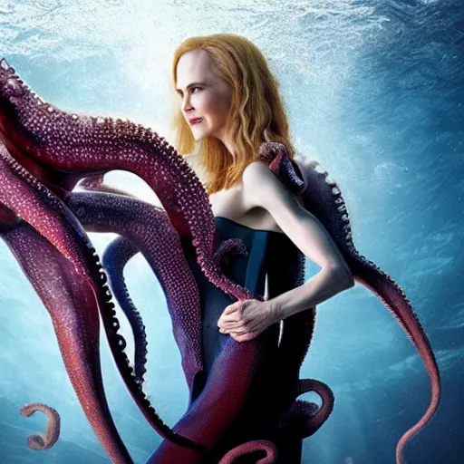 Prompt: Nicole Kidman as octopus woman (superhero), dramatic cinematic portrait, underwater