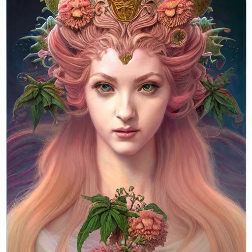 Prompt: a beautiful detailed front view portrait of princess peach with ornate growing around, ornamentation, flowers, elegant, beautifully soft lit, by wayne barlowe, peter mohrbacher, kelly mckernan
