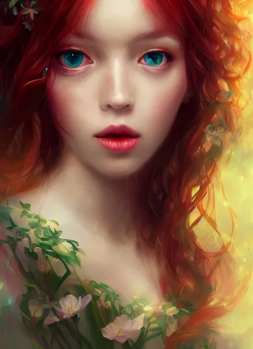 Image similar to a gorgeous flower princess portrait by WLOP, big emerald eyes, red hair, digital painting, beautiful lighting, mystical, detailed flowers, cgsociety