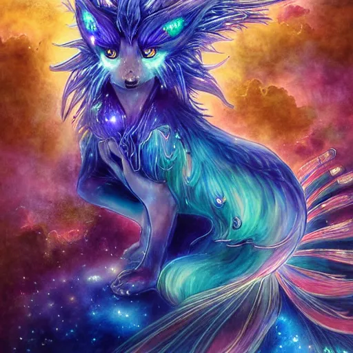 Prompt: dreamy portrait from an anime of an ethereal colorful blue starry fox peacock character with giant golden demonic fangs, wearing star filled mage robes, sitting in an illuminated observatory at night, art by yuji ikehata, background art by miyazaki and art guidance from the last unicorn company rankin bass, realism, detailed, proper human proportions, fully clothed