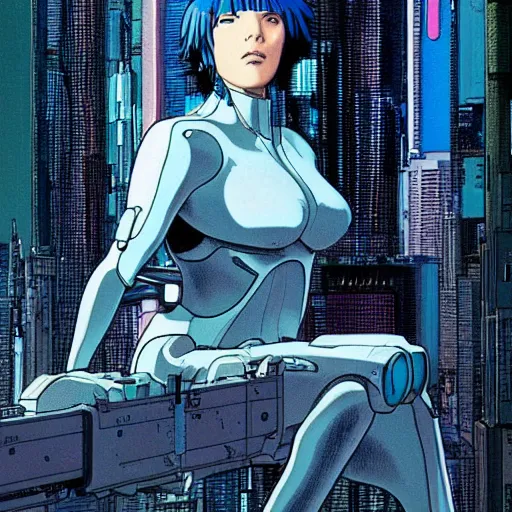 Prompt: Ghost in the shell. Moebius, cyberpunk, masterpiece