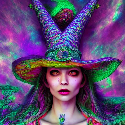 Image similar to psychadelic witch with a witch hat, hyper detailed, flowing psychadelic background intricate and detailed, digital art, baroque style, 8 k, octane render