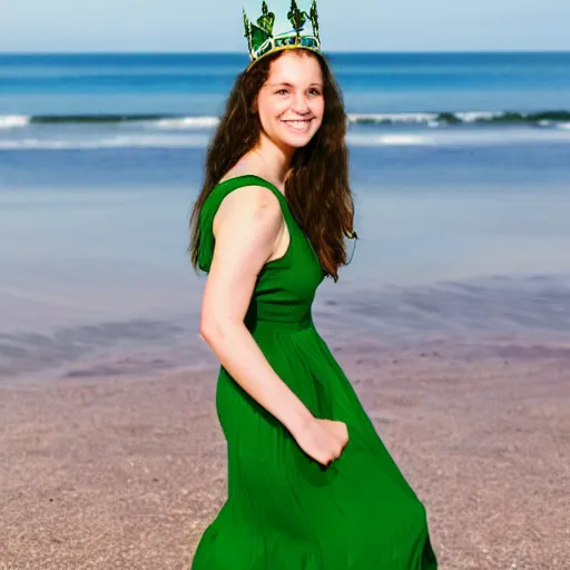 Image similar to A photo of a young woman standing on a beach wearing a green dress and a crown