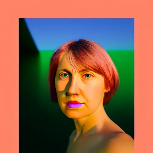 Image similar to un ultra high definition contemporary photographic portrait of a fictional female fine artist named oxoxoxox oxoxox standing outside her home. she is renowned for her use of bright colours and thick geometric patterns. three point light. golden hour, golden ratio, ray tracing, volumetric light and shadow, shallow depth of field.