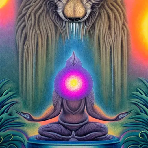 Prompt: an anthromorphic wolf meditating in a zen garden with a waterfall under the blood moon, by Adi granov and afarin sajedi and amanda sage and evgeni gordiets and Agostino Arrivabene and lisa frank in a psychedelic portrait style, ultrarealistic matte painting, volumetric lighting, fractal, extremely symmetrical, highly detailed face, orisha, 8k, hd