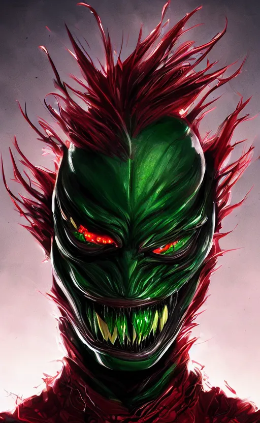 Image similar to portrait of venom as the green goblin, black and red, dynamic lighting, cinematic, ultra detailed, trending on art station, stunning visuals, creative, fantasy concept art