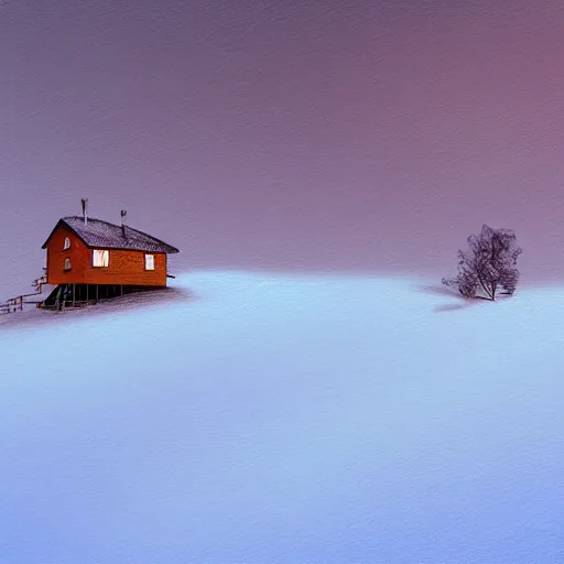 Image similar to a cabin on a hill, snowstorm, winter, by alex andreev, landscape, high contrast, digital, complementary colors