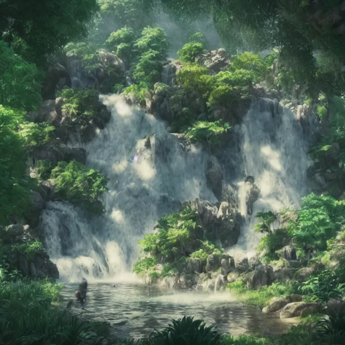 Prompt: an epic makoto shinkai and renoir landscape with a waterfall, ink spirals, ultra smooth, octane render