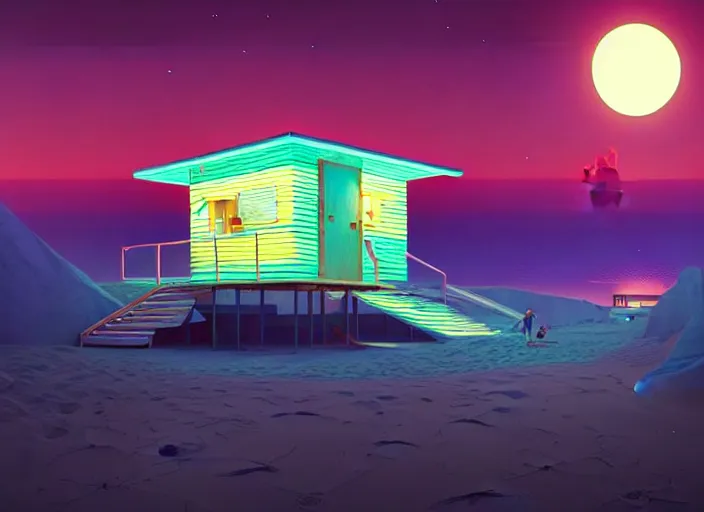 Prompt: a luminescent beach hut at night by paolo eleuteri serpieri and tomer hanuka and chesley bonestell and daniel merriam and tomokazu matsuyama, unreal engine, high resolution render, featured on artstation, octane, 8 k, highly intricate details, vivid colors, vector illustration