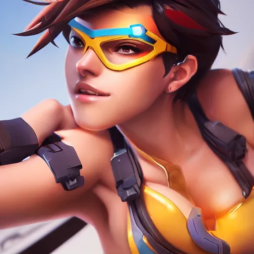 Image similar to overwatch tracer in a bikini, digital art, pretty face, very beautiful face, very detailed eyes, 8 k resolution, by wlop, greg rutkowski, full body
